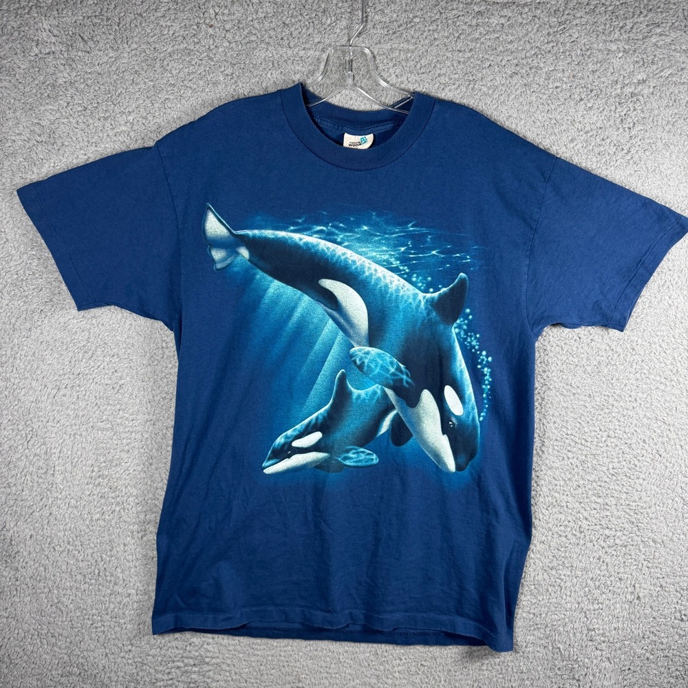 Natural Wonders Mens Vintage Orca Whale Graphic T-Shirt Navy Blue Large USA Made